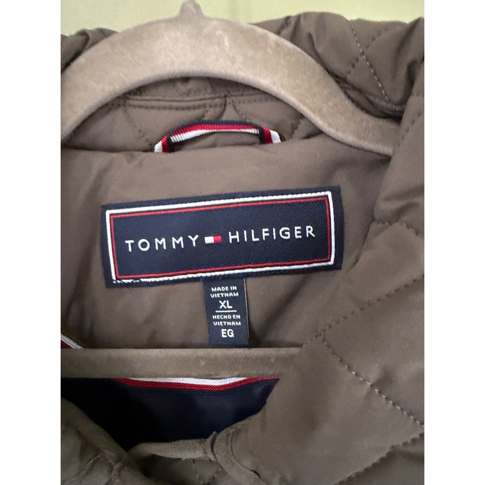 Tommy Hilfiger Womens XL Quilted Snap Front Jacket Taupe Green Crest Logo Coat - Picture 4 of 9